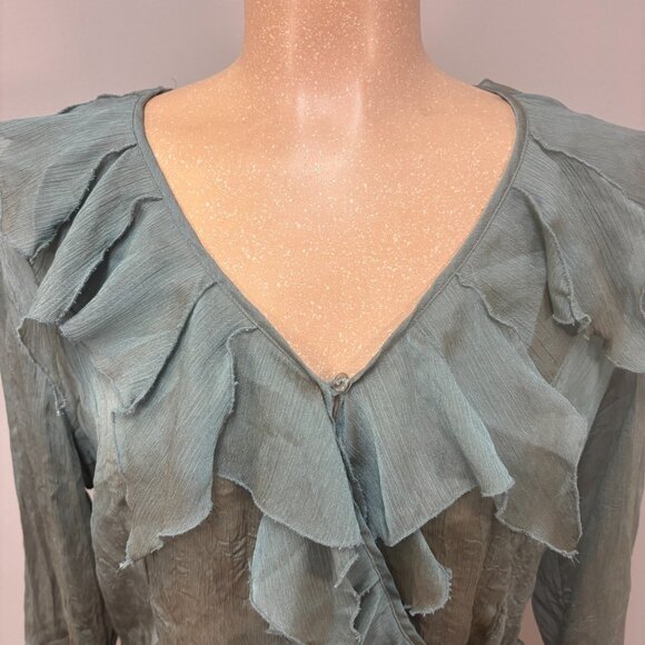 Vintage Jaipar Shirt Large Green V Neck 3/4 Sleeves Sheer Handkerchief Blouse - Picture 6 of 12